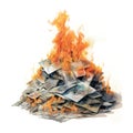 Watercolor-Style illustration pile of dollar bills on fire with White Background Royalty Free Stock Photo