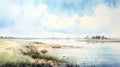 Estuary Of France: Majestic Watercolor Painting Of A Bird And Lake