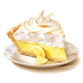 Watercolor-Style Lemon meringue pie slice with White Background