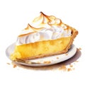 Watercolor-Style Lemon meringue pie slice with White Background