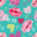 Watercolor style lips, grunge texture heart. Bright juicy pattern in collage style. Pink elements on a contrasting green