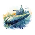 Watercolor-Style naval submarine submerge deep underwater with White Background Royalty Free Stock Photo