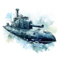 Watercolor-Style naval submarine submerge deep underwater with White Background