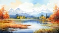 November Lake Watercolor Landscape With Trees And Mountains Royalty Free Stock Photo