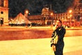 Watercolor style painting representing a turist in Paris in the evening Royalty Free Stock Photo