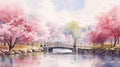 watercolor style, park with blooming Japanese sakura, stone bridge over the river