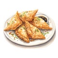 Watercolor-Style Plate of Samosas with White Background