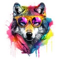 Watercolor-Style Realistic wolf in neon outfits with White Background