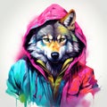 Watercolor-Style Realistic wolf in neon outfits with White Background