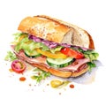 Watercolor-Style sandwich with ham and vegetables created with White Background Royalty Free Stock Photo