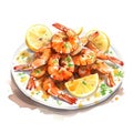Watercolor-Style scampi plate with White Background