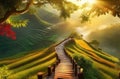 watercolor style scenery Vietnam rice terraces during sunset.generative ai