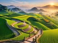 watercolor style scenery Vietnam rice terraces during sunset.generative ai