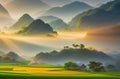 watercolor style scenery Vietnam rice terraces during sunset.generative ai