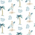 Watercolor style seamless surfing pattern of surf man and woman surfers silhouettes with surfboard wave background