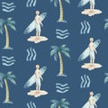 Watercolor style seamless surfing pattern of surf man and woman surfers silhouettes with surfboard wave background