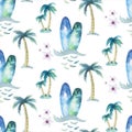 Watercolor style seamless surfing pattern of surf man and woman surfers silhouettes with surfboard wave background