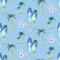 Watercolor style seamless surfing pattern of surf man and woman surfers silhouettes with surfboard wave background