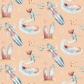 Watercolor style seamless surfing pattern of surf man and woman surfers silhouettes with surfboard wave background