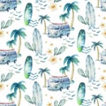 Watercolor style seamless surfing pattern of surf man and woman surfers silhouettes with surfboard wave background