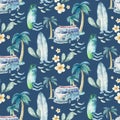 Watercolor style seamless surfing pattern of surf man and woman surfers silhouettes with surfboard wave background