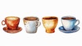 Watercolor style set of several coffee cups on white outlineable background