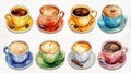 Watercolor style set of several coffee cups on white outlineable background Royalty Free Stock Photo