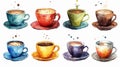 Watercolor style set of several coffee cups on white outlineable background Royalty Free Stock Photo