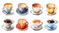 Watercolor style set of several coffee cups on white outlineable background Royalty Free Stock Photo