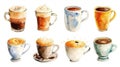 Watercolor style set of several coffee cups on white outlineable background Royalty Free Stock Photo