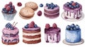 Watercolor style set of several mini cakes with strawberry and blueberry cream, white background