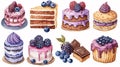 Watercolor style set of several mini cakes with strawberry and blueberry cream, white background