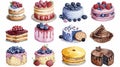 Watercolor style set of several mini cakes with strawberry and blueberry cream, white background