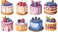 Watercolor style set of several mini cakes with strawberry and blueberry cream, white background