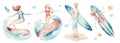 Watercolor style set of surf man and woman surfers silhouettes with wave. Ocean surfing summer activity design Isolated