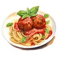 Watercolor-Style spaghetti and meatballs with White Background