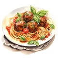 Watercolor-Style spaghetti and meatballs with White Background