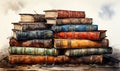 Watercolor style, stacks of books on a white background.