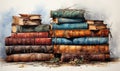 Watercolor style, stacks of books on a white background.