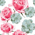 Watercolor style succulents and pink roses seamless pattern. Royalty Free Stock Photo