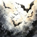 Watercolor-Style swarm of bats, flurry of detailed black bats with White Background