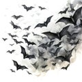 Watercolor-Style swarm of bats, flurry of detailed black bats with White Background