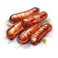 Watercolor-Style tasty grilled sausages with White Background Royalty Free Stock Photo