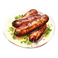 Watercolor-Style tasty grilled sausages with White Background Royalty Free Stock Photo