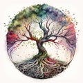 Watercolor style tree of life, mythological sacred tree, spiritual life concept. Generative AI Royalty Free Stock Photo