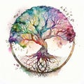 Watercolor style tree of life, mythological sacred tree, spiritual life concept. Generative AI