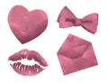 Watercolor style Valentine drawing collection with pink heart, lipstick kiss print, ribbon and love letter Royalty Free Stock Photo