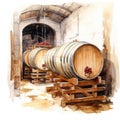 Watercolor-Style wine casks at the winery with White Background