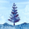 Watercolor style XMAS pine tree and snow illustration of Christmas New Year. Blue color aquarelle background. Brush Royalty Free Stock Photo