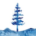 Watercolor style XMAS pine tree and snow isolated illustration of Christmas New Year. Blue color. Brush painting Royalty Free Stock Photo